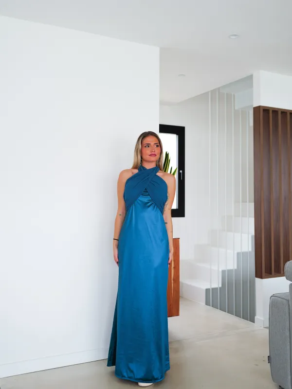 Vestido banda cruzado tulle petróleo sold by Sorellas