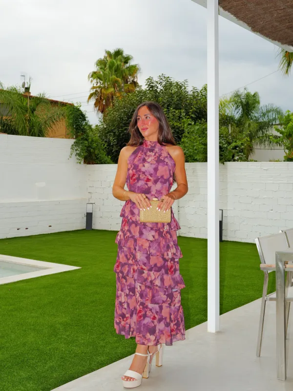 Vestido midi halter volantes malva sold by Sorellas