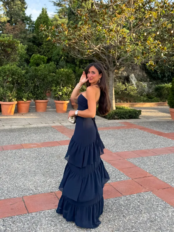 Vestido palabra volantes marino sold by Sorellas