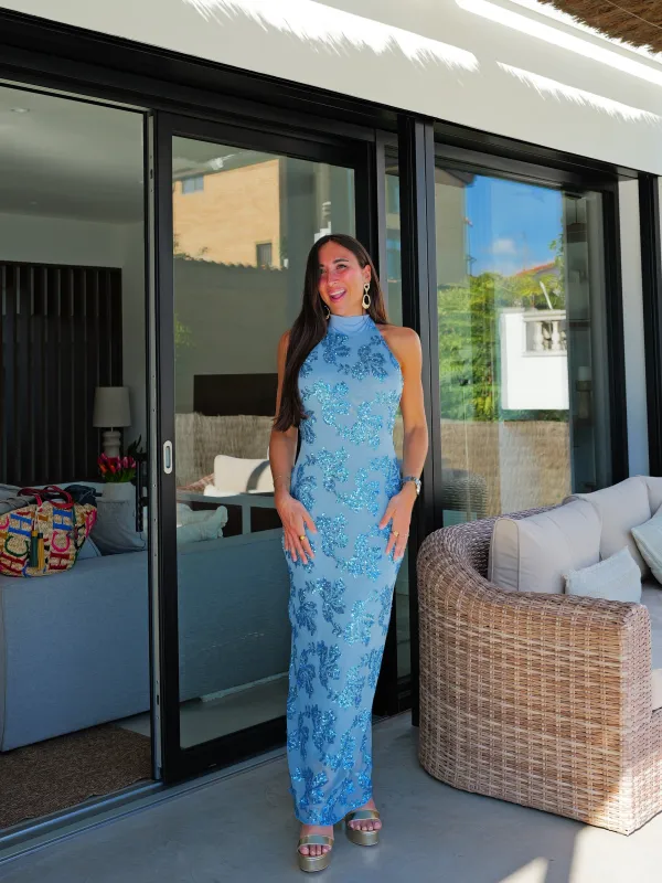 Vestido detalle tulle halter celeste sold by Sorellas