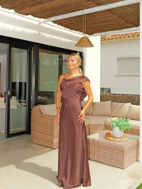 Vestido raso asimétrico banda chocolate sold by Sorellas