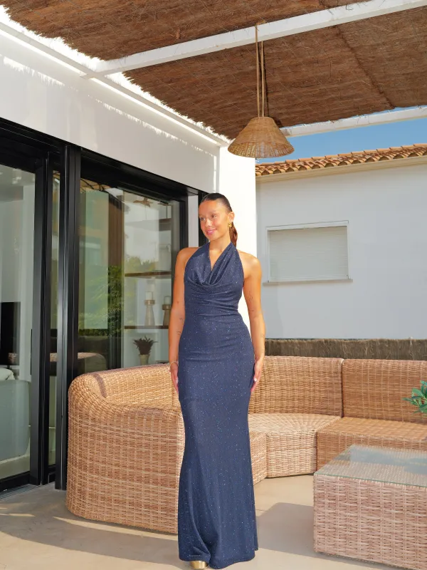 Vestido largo lurex cascada marino sold by Sorellas