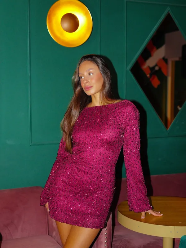 Vestido mini cascada textura burdeos sold by Sorellas