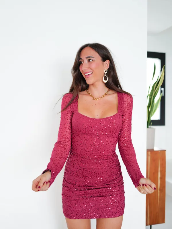 Vestido mini tulle escote cuadrado glitter burdeos sold by Sorellas