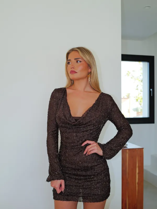 Vestido mini cascada textura chocolate sold by Sorellas