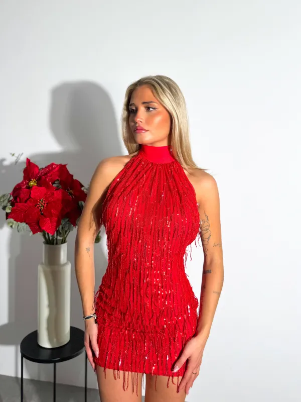 Vestido mini glitter flecos rojo sold by Sorellas