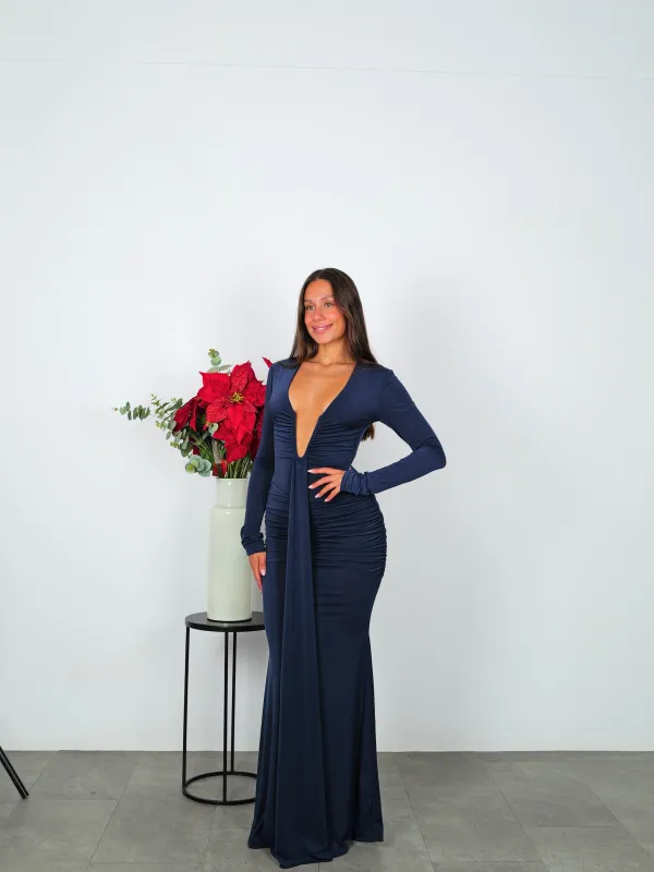 Vestido largo manga escote banda marino sold by Sorellas