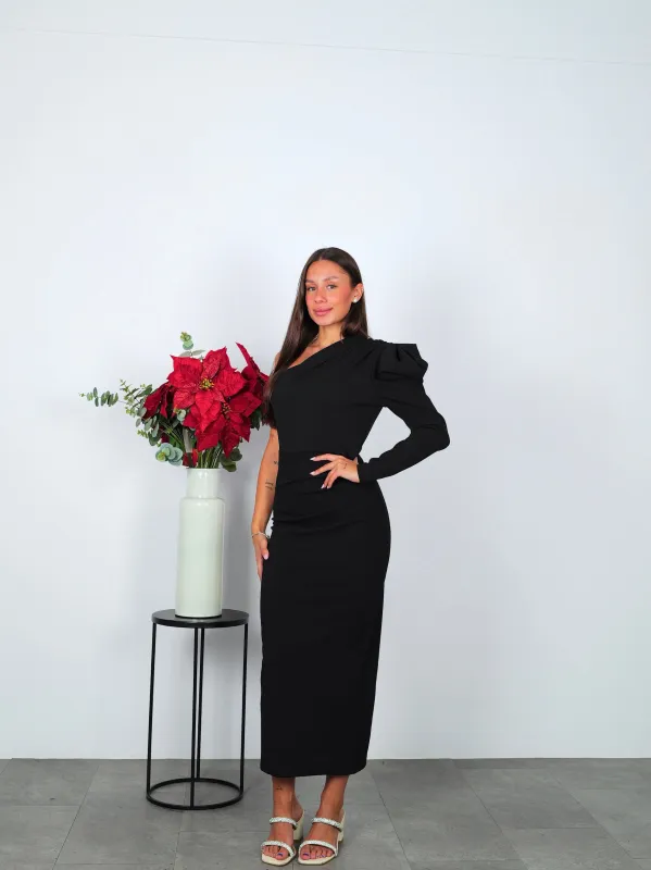 Vestido midi asim manga abullonada negro sold by Sorellas