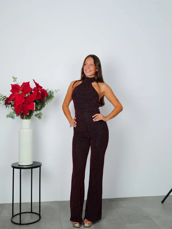 Mono lurex cuello halter burdeos sold by Sorellas