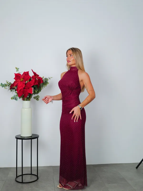 Vestido largo halter tulle brillos burdeos sold by Sorellas