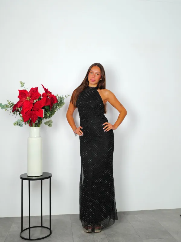 Vestido largo halter tulle brillos negro sold by Sorellas