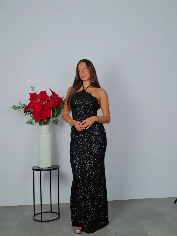 Vestido glitter largo halter negro sold by Sorellas