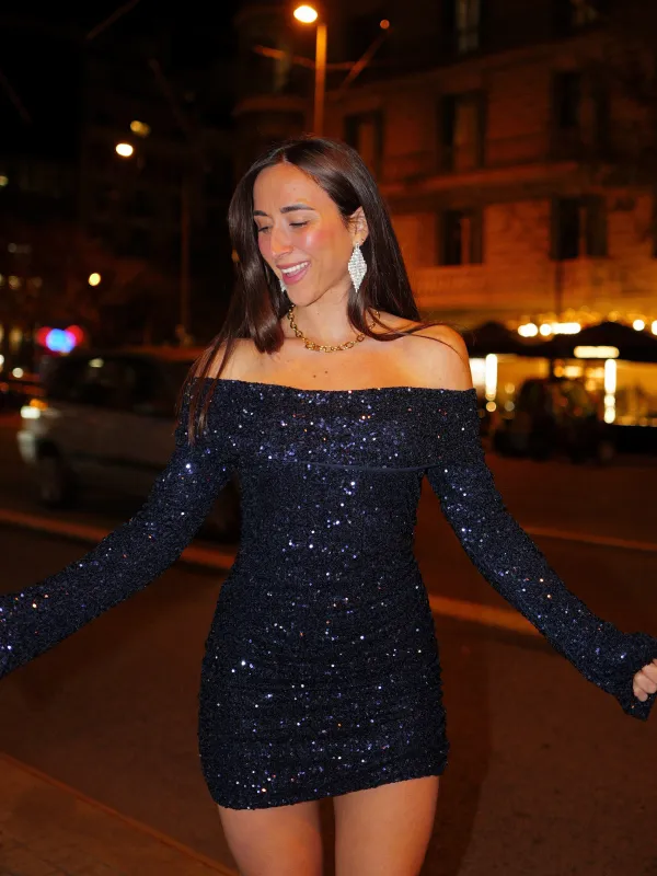 Vestido bardot glitter marino sold by Sorellas