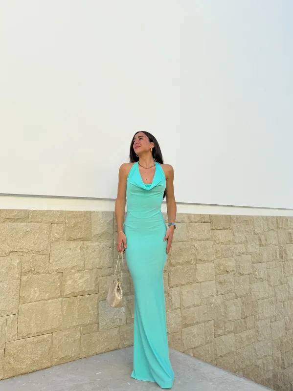 Vestido cascada largo turquesa sold by Sorellas