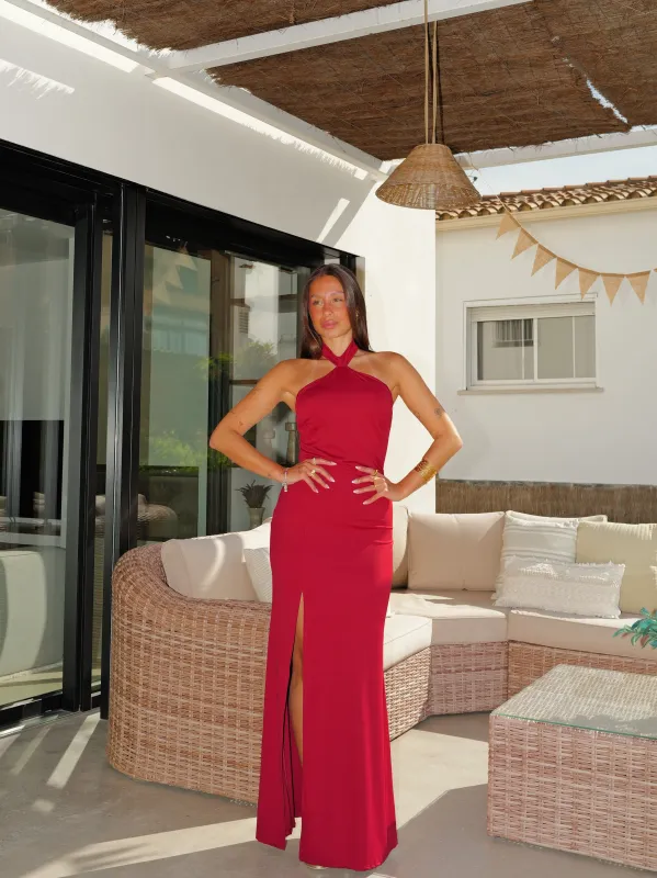 Vestido halter abertura burdeos made by Sorellas