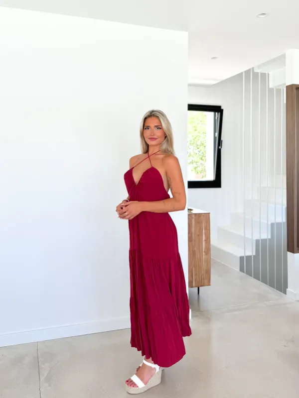 Vestido largo lino burdeos sold by Sorellas