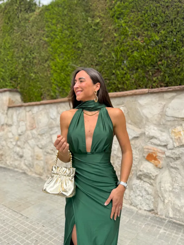 Vestido pico choker satin botella sold by Sorellas