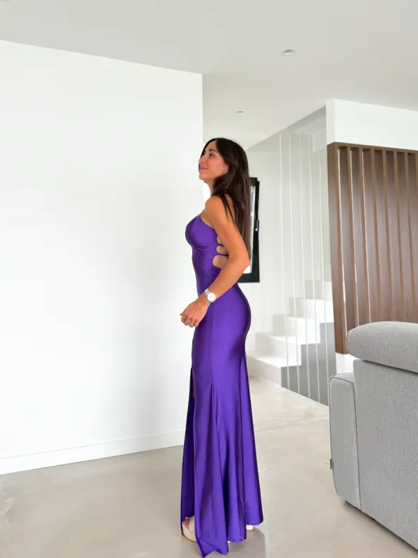 Vestido pico satin entrelazado morado sold by Sorellas