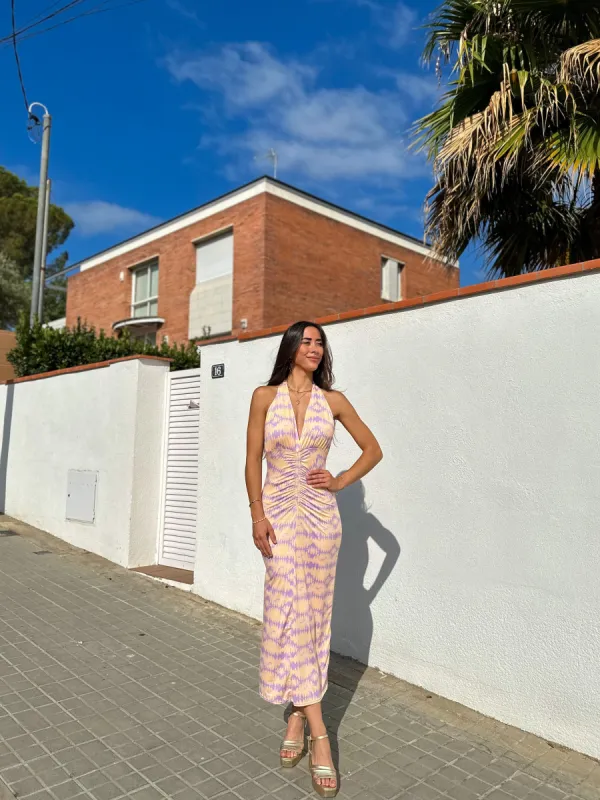 Vestido frunce estampado lila sold by Sorellas