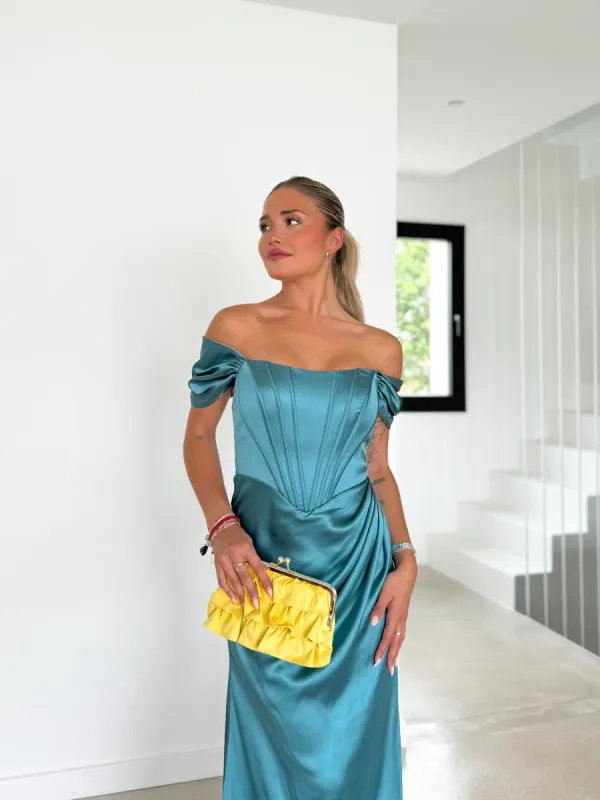 Vestido ballenas raso petróleo sold by Sorellas