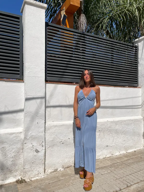Vestido largo lino azul sold by Sorellas