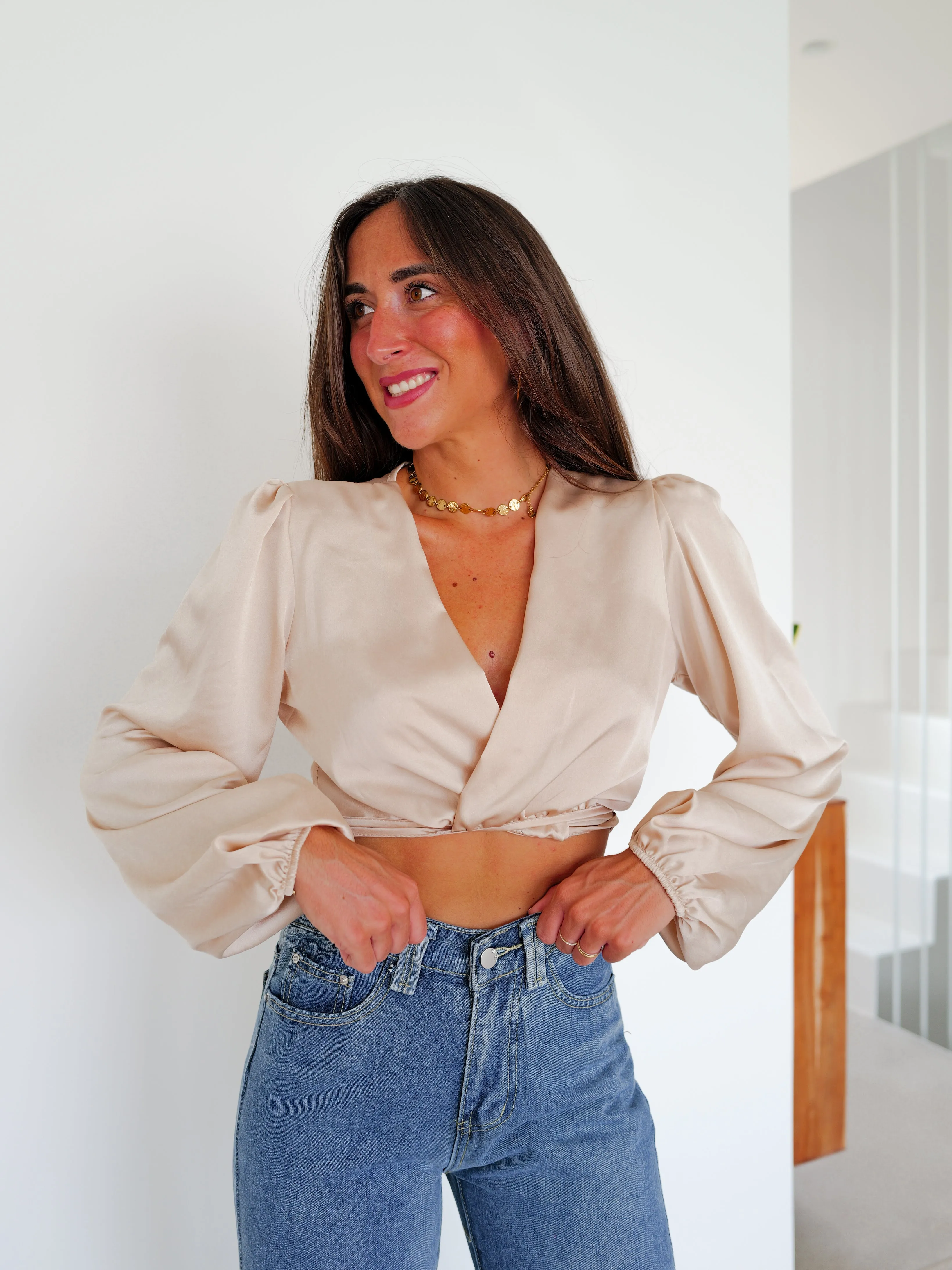 Blusa cruzada satin beige sold by Sorellas product image thumbnail 4