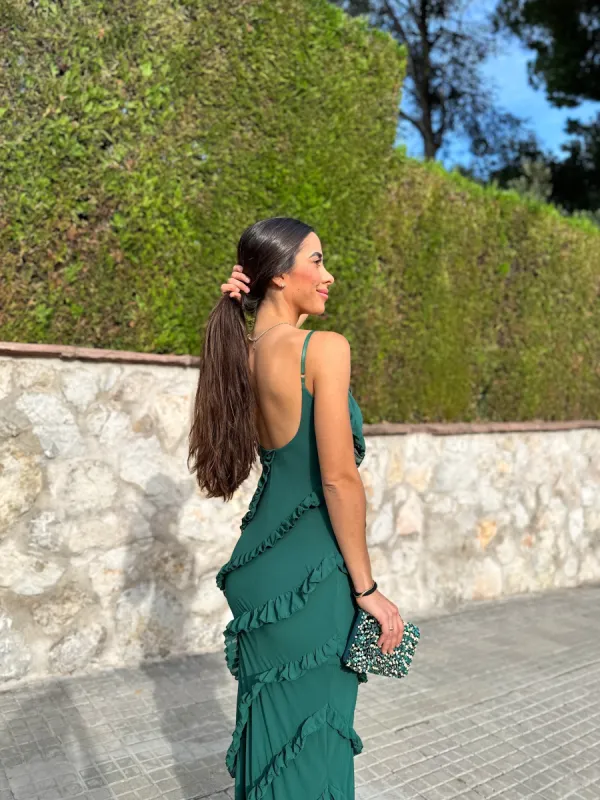 Vestido volantes crepe botella sold by Sorellas