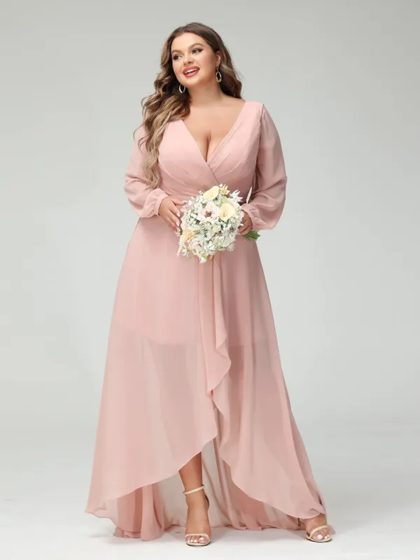 A-Line/Princess V-Neck Long Sleeves Chiffon Ruched Asymmetrical Plus Size Bridesmaid Dresses with Pockets sold by Lavetir