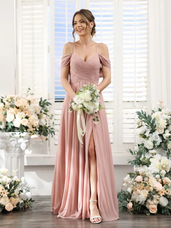 A-Line V-Neck Spaghetti Straps Split Side Floor-Length Chiffon Bridesmaid Dresses sold by Lavetir