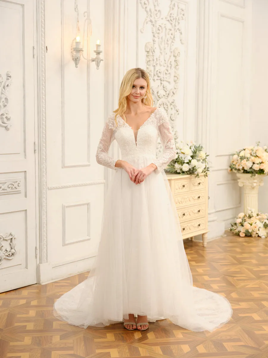 A-Line/Princess V-Neck Long Lace Wedding Dresses with Appliques & Long Sleeves sold by Lavetir product image thumbnail 3