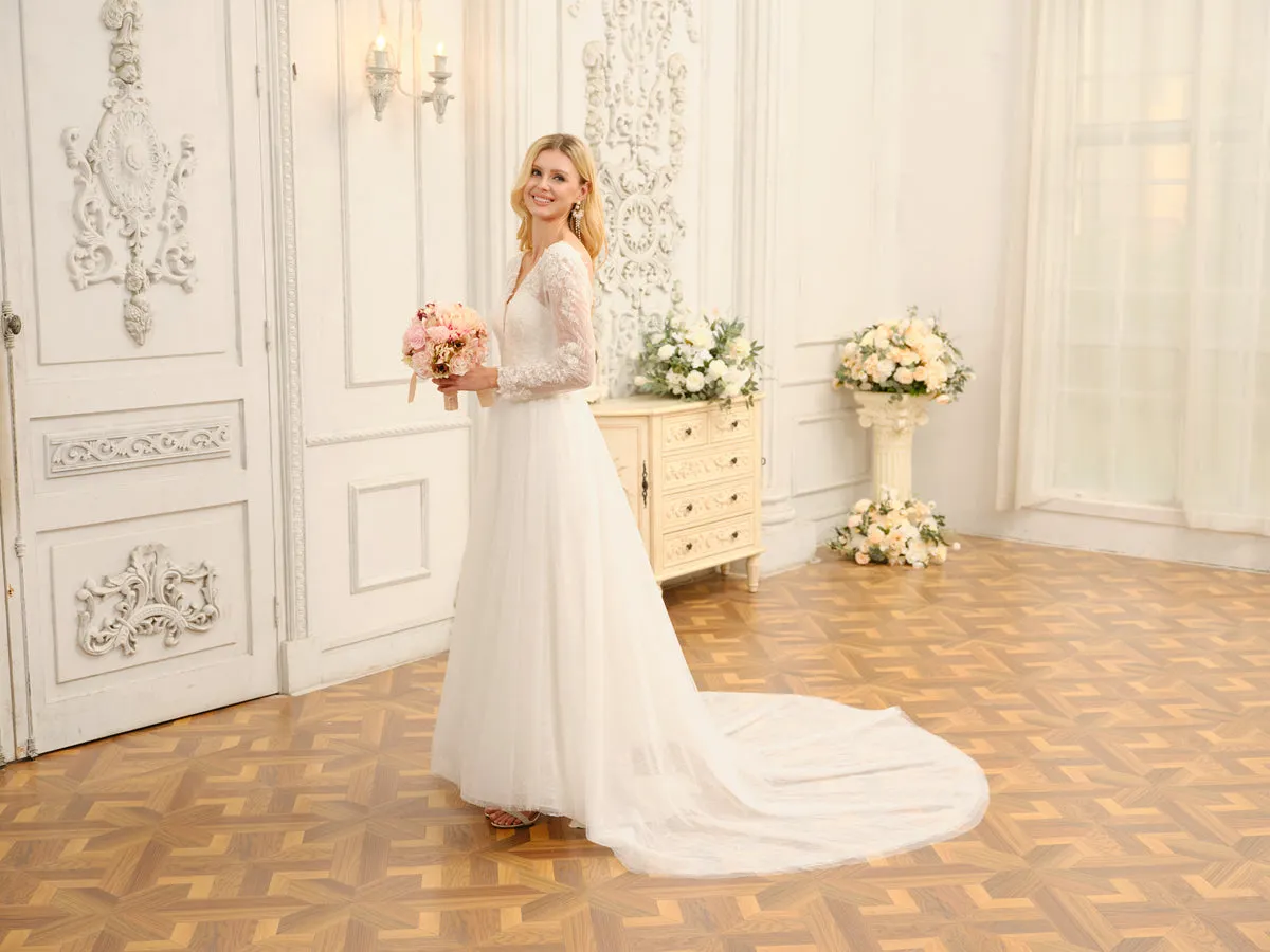 A-Line/Princess V-Neck Long Lace Wedding Dresses with Appliques & Long Sleeves sold by Lavetir product image thumbnail 4