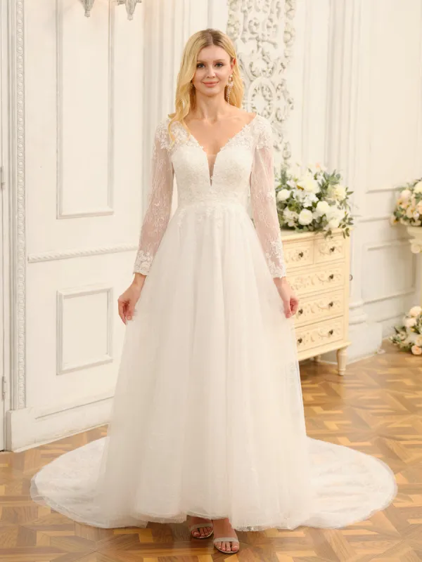 A-Line/Princess V-Neck Long Lace Wedding Dresses with Appliques & Long Sleeves sold by Lavetir