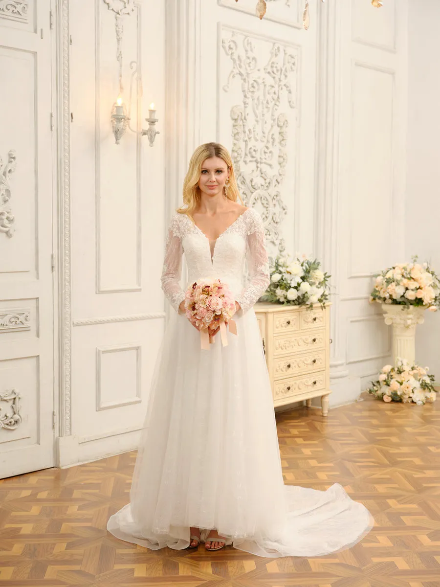 A-Line/Princess V-Neck Long Lace Wedding Dresses with Appliques & Long Sleeves sold by Lavetir product image thumbnail 5