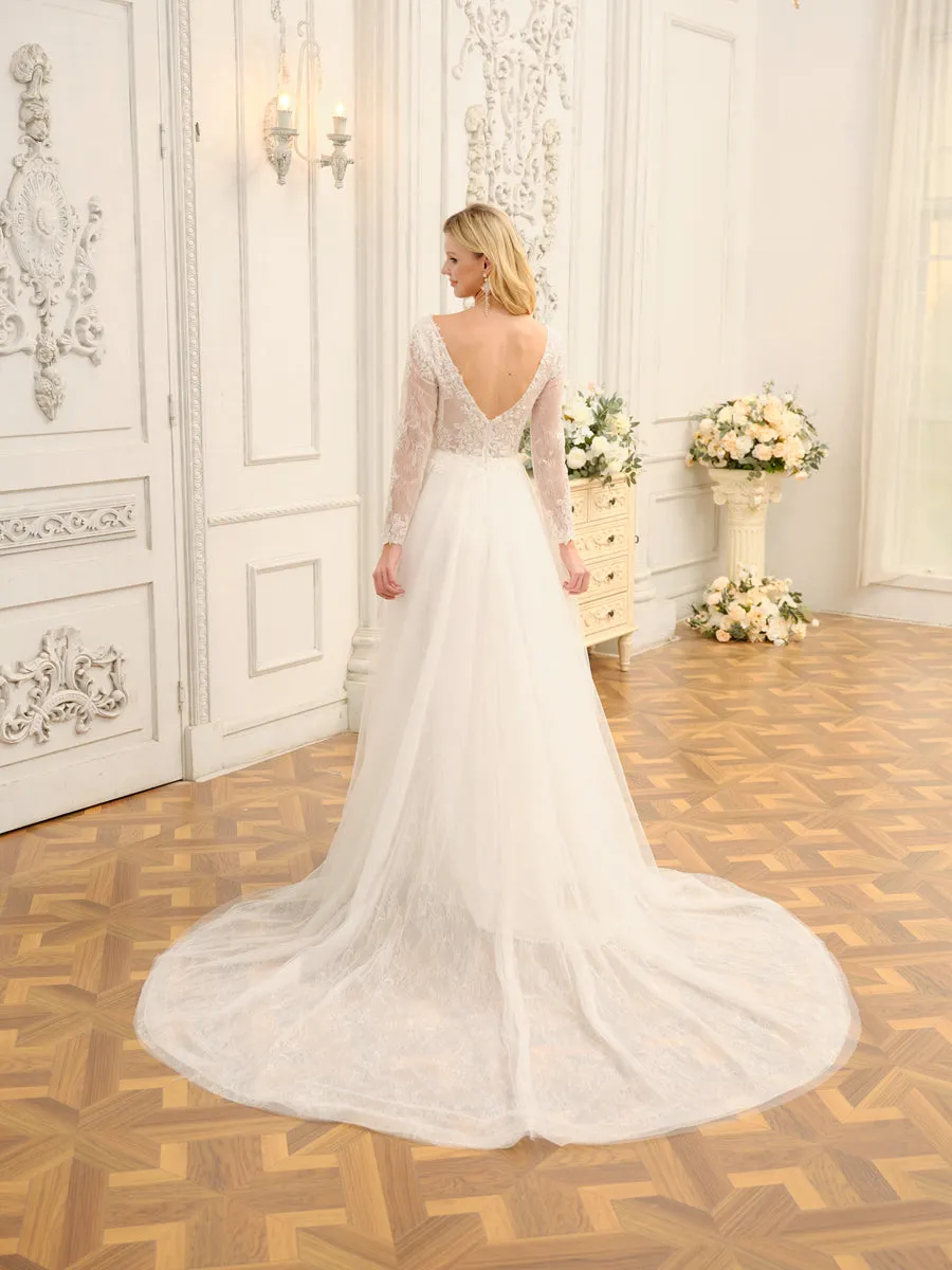 A-Line/Princess V-Neck Long Lace Wedding Dresses with Appliques & Long Sleeves sold by Lavetir product image thumbnail 2