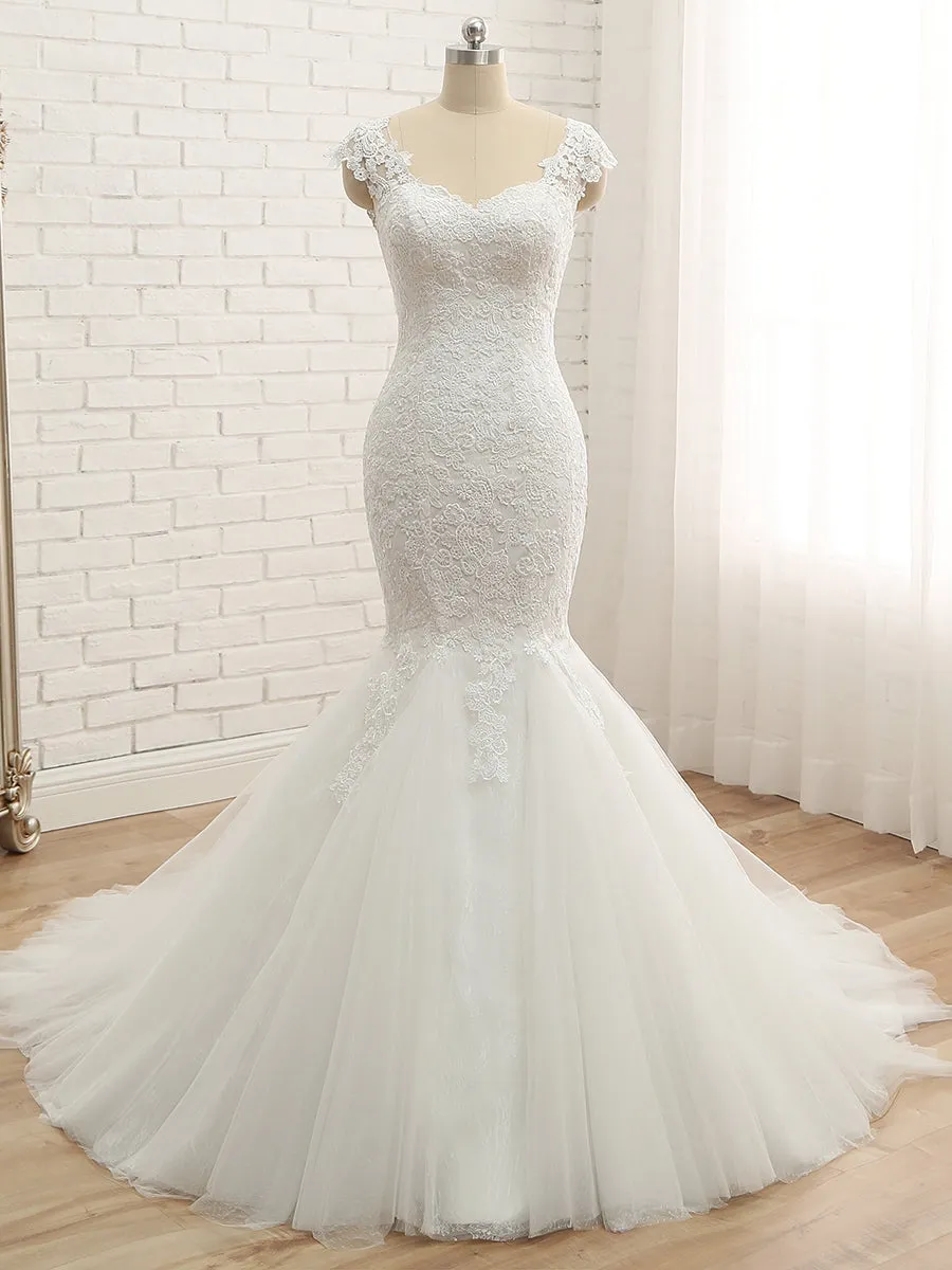 Trumpet/Mermaid V-Neck Sleeveless Applique Tulle Floor-Length Wedding Dresses sold by Lavetir