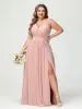A-Line/Princess Halter Sleeveless Chiffon Ruched Split Side Plus Size Bridesmaid Dresses with Pockets sold by Lavetir