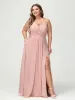 A-Line/Princess Halter Sleeveless Chiffon Ruched Split Side Plus Size Bridesmaid Dresses with Pockets sold by Lavetir