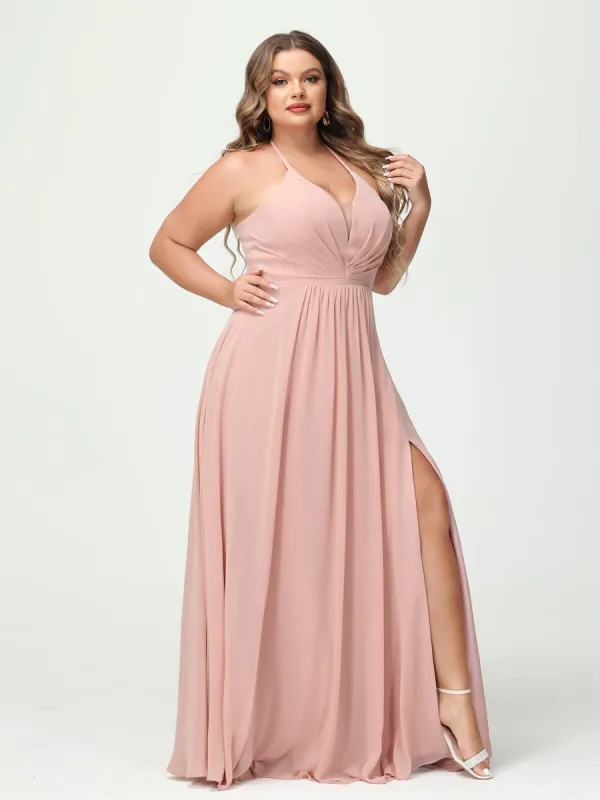 A-Line/Princess Halter Sleeveless Chiffon Ruched Split Side Plus Size Bridesmaid Dresses with Pockets sold by Lavetir