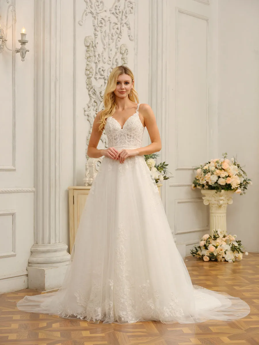 Spaghetti Straps V-Neck Sleeveless Long Wedding Dresses with Appliques & Beading sold by Lavetir product image thumbnail 4