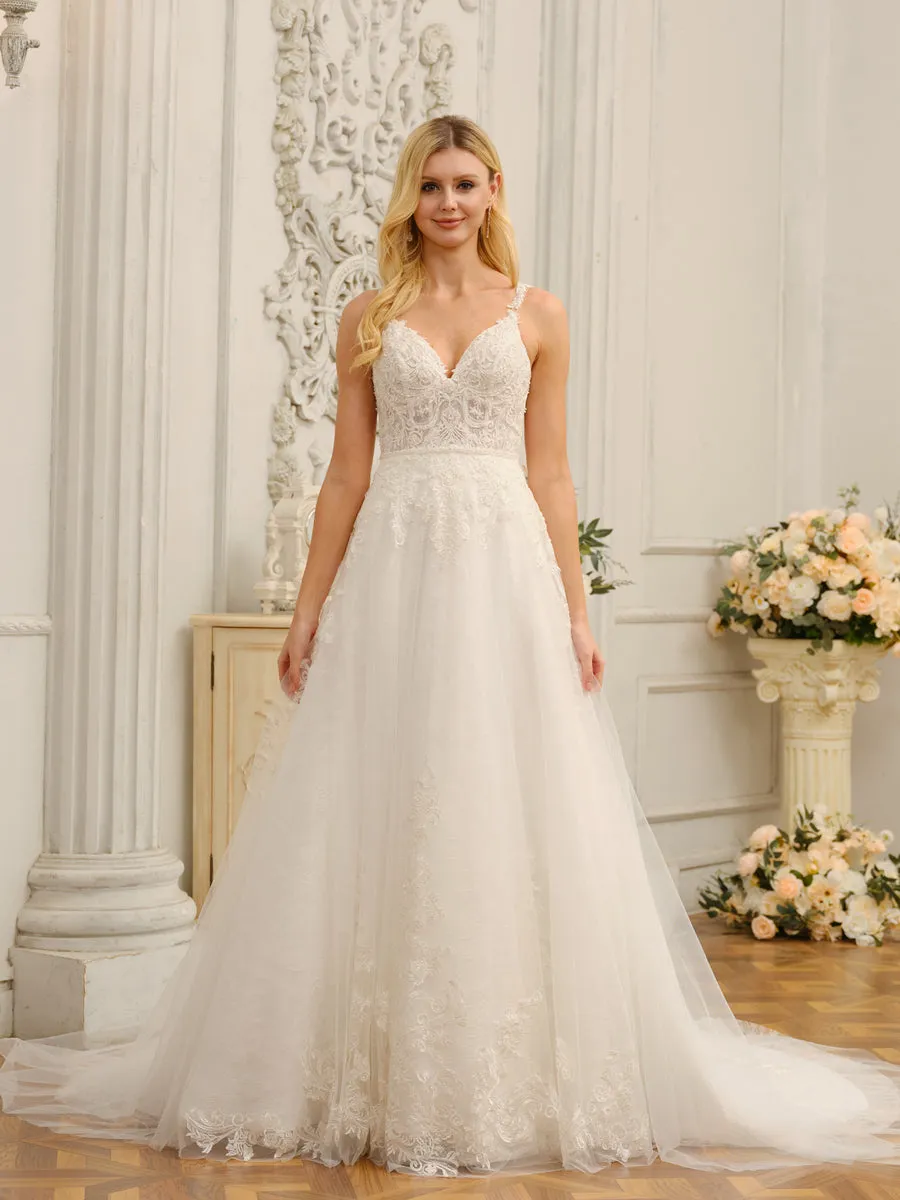 Spaghetti Straps V-Neck Sleeveless Long Wedding Dresses with Appliques & Beading sold by Lavetir
