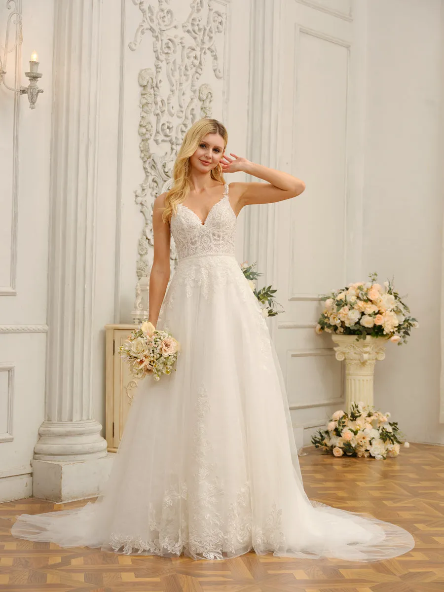 Spaghetti Straps V-Neck Sleeveless Long Wedding Dresses with Appliques & Beading sold by Lavetir product image thumbnail 5