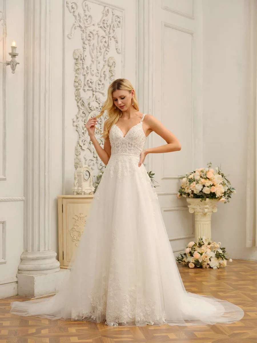 Spaghetti Straps V-Neck Sleeveless Long Wedding Dresses with Appliques & Beading sold by Lavetir product image thumbnail 3