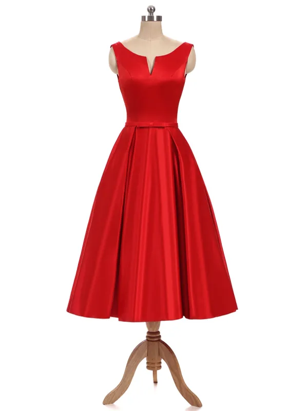 A-Line/Princess V-Neck Sleeveless Satin With Bowknot Backless Tea-Length Bridesmaid Dresses sold by Lavetir