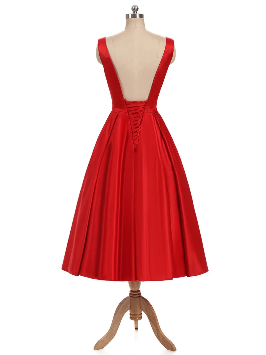 A-Line/Princess V-Neck Sleeveless Satin With Bowknot Backless Tea-Length Bridesmaid Dresses sold by Lavetir product image thumbnail 2