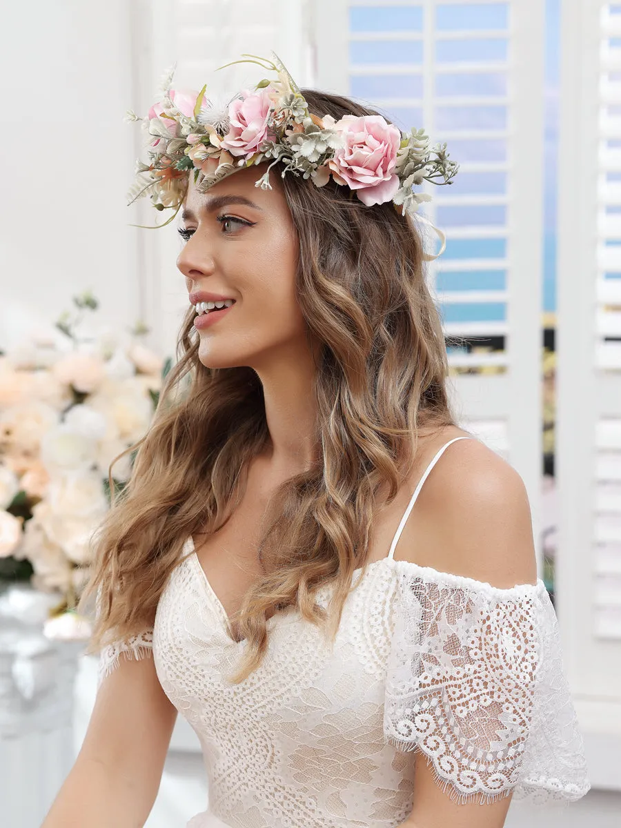 Artificial Pink Wedding Flower Crownswith Champagne Ribbon sold by Lavetir product image thumbnail 3