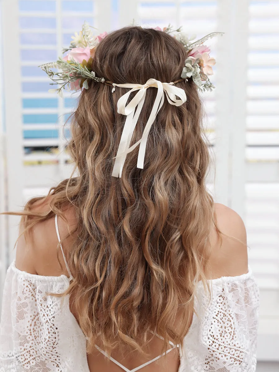 Artificial Pink Wedding Flower Crownswith Champagne Ribbon sold by Lavetir product image thumbnail 4