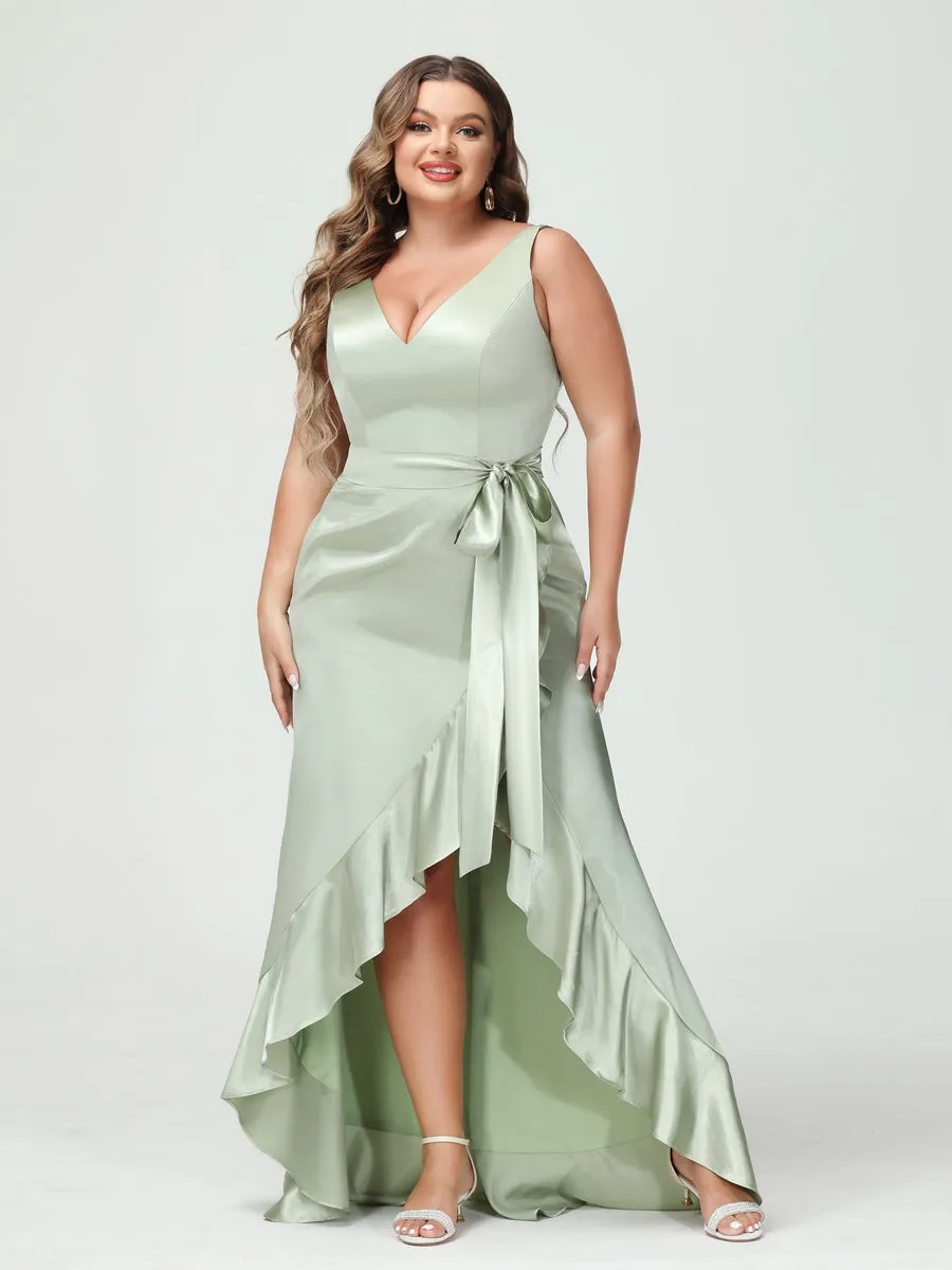 Sheath/Column V-Neck Sleeveless Ruffles High Low Plus Size Dresses with Pockets & Sash sold by Lavetir