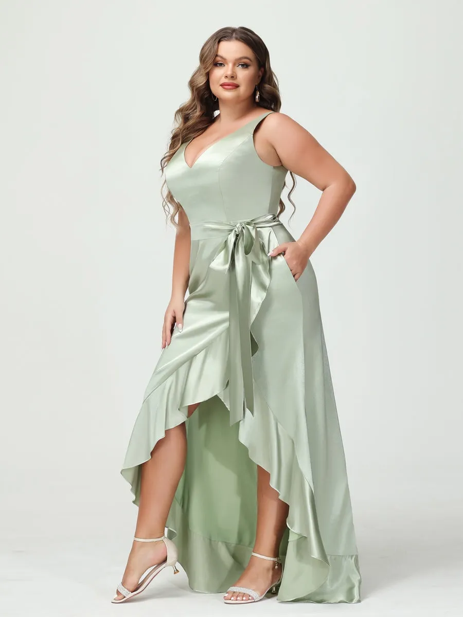 Sheath/Column V-Neck Sleeveless Ruffles High Low Plus Size Dresses with Pockets & Sash sold by Lavetir product image thumbnail 3