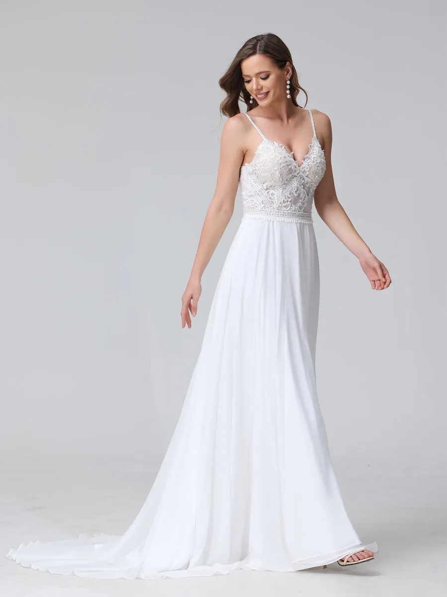 A-Line Spaghetti Straps V-Neck Sleeveless Long Chiffon Wedding Dresses With Applique Split Side sold by Lavetir product image thumbnail 5