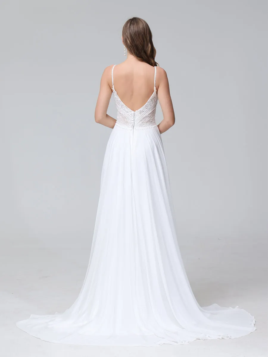 A-Line Spaghetti Straps V-Neck Sleeveless Long Chiffon Wedding Dresses With Applique Split Side sold by Lavetir product image thumbnail 2